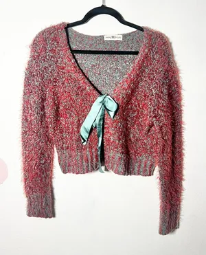 Natural Life Cardigan Sweater Women's L/XL Red Eyelash Knit Cropped Bow thumbnail 1