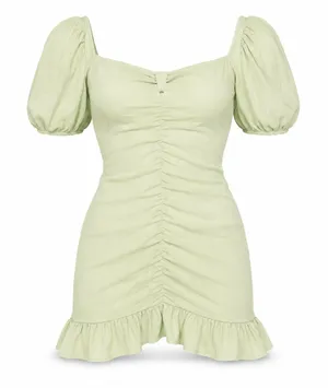 Lush Clothing Mini Dress Womens Small Pistachio Green Ruched Puff Sleeve Cottagecore thumbnail 1