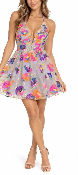 Multicolor Floral Sequin Mini Dress Size S Halter Open Back Party Dress NWOT thumbnail 1