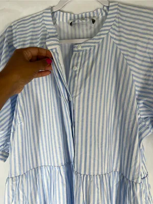 English Factory Blue White Striped Tiered Puff Sleeve Midi Dress L thumbnail 7
