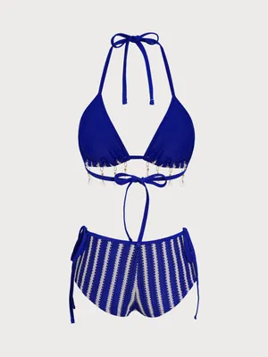Samiol Blue Contrast Striped Beaded Shorts Bikini Set thumbnail 3