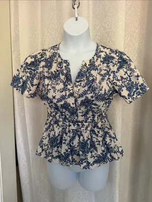 Anthropologie White Blouse with Blue Floral Print and Smocked Waist Sz: L thumbnail 1