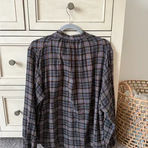 Free People Gray and Black Boxy Blouse with Mandarin Collar thumbnail 3