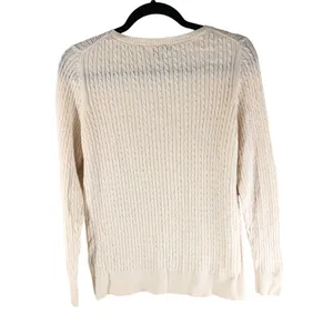 LL Bean Womens Sweater Cotton Wool Blend Cable Knit Scoop Knit Ivory M thumbnail 2