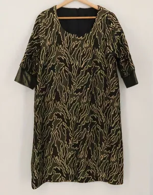Vintage 90s Metallic Gold Jacquard Shift Dress Womens Size S Black Gold Evening thumbnail 1