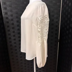 Ann Taylor Gauzy Blouse Womens S Cream Lace Crochet Lantern Sleeve‎ Boho Office thumbnail 3