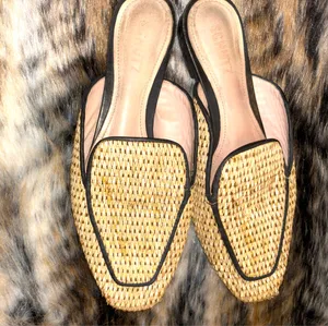 Flat mule-style sandals made of natural raffia from the Schutz brand, model Zaina, with a pointed toe design and black trim. thumbnail 2