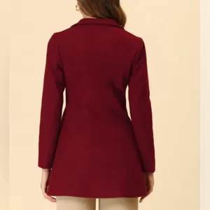 Burgundy Red Turn Down Collar Buttoned Mid-Long Winter Coat - Medium thumbnail 4