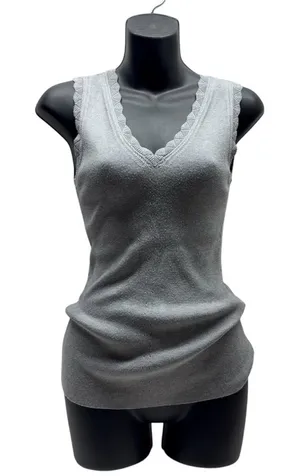 Catherine Malandrino Grey Ribbed Knit Scalloped V-Neck Tank Top thumbnail 1