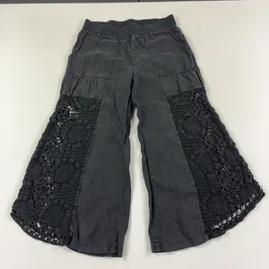 XCVI Pants Womens XL Black Crochet Cropped Flare Elastic Waist Linen Pull On thumbnail 1