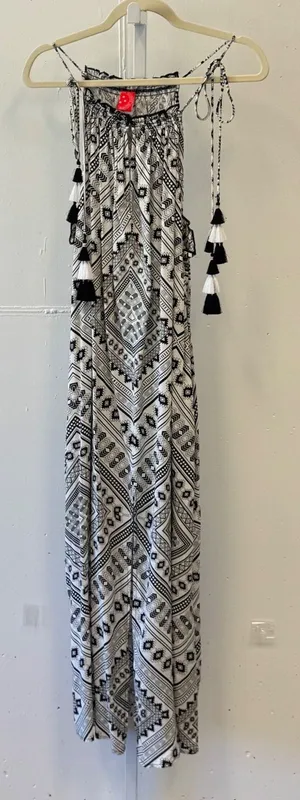 Red Carter Black White Geometric‎ Tribal Tassel Halter Maxi Dress US Large Boho thumbnail 1