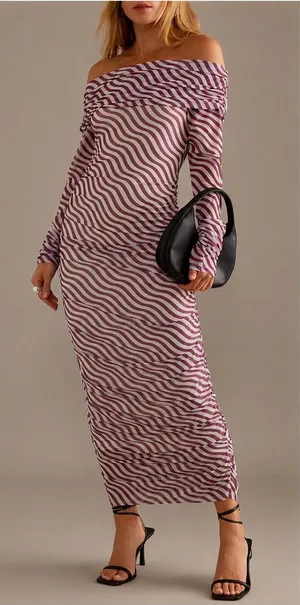 Anthropologie Off-The-Shoulder Mesh Maxi Dress Bodycon Ruched XS Pink White- NEW thumbnail 1