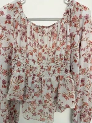Floral Ruched Peplum Blouse - Dusty Rose on Ivory thumbnail 5
