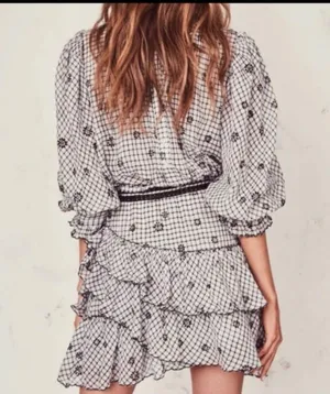 LoveShackFancy Lorelei Charcoal Floral Gingham Plaid Mini Dress Size Large thumbnail 6