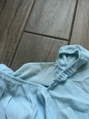 Light Blue Puff-Sleeve Mini Dress with Waist Sash thumbnail 5