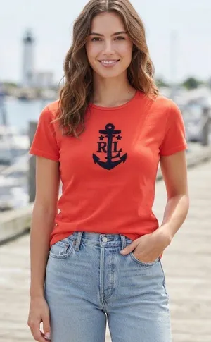 Lauren Ralph Lauren Orange Anchor Graphic Tee Shirt Size Large thumbnail 1