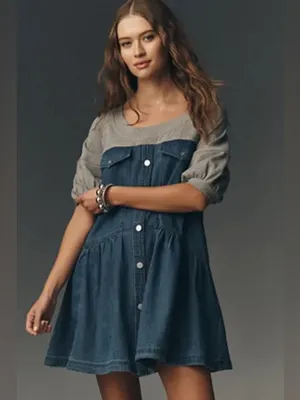 NWT Anthropologie Pilcro Denim Sweatshirt Twofer Swing Oversized Dress ~ Small thumbnail 2