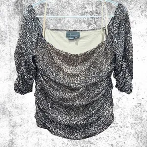 Anthropologie Leopard‎ Mesh Ruched Off Shoulder Top Brown Black Medium thumbnail 2