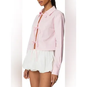Edikted Melrose Cotton Tie Front Long Sleeve Shirt Baby Pink Size XS thumbnail 3