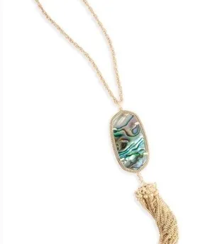 Kendra Scott Rayne Abalone Shell Long Gold Fringe Necklace Blue Green Purple thumbnail 1