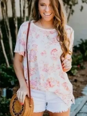 Free People Tourist Tee Floral Pink blush combo fairycore L short sleeves thumbnail 1