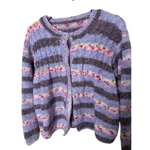 Handmade Hand Crocheted Purple Striped Cardigan 3 Button Crew Neck Sweater L/XL thumbnail 2