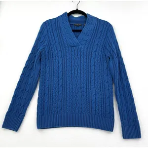 Jeanne Pierre Cable Knit Sweater Women L Blue 100% Cotton V Neck Preppy Coastal thumbnail 1