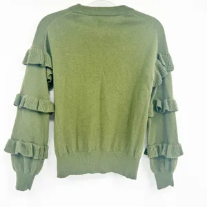 J. Crew Womens‎ Moss Green Wool Blend Tiered Ruffle Sleeve Preppy Sweater XXS thumbnail 8