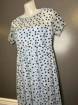 Wednesday's Girl Dress Womens Small Polka Dot Mesh Sheer Fit Flare Midi Blue thumbnail 5