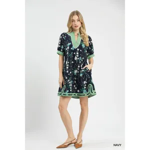 Umgee Floral Puff Sleeve Dress with Contrast‎ Trim - Navy - Large thumbnail 4