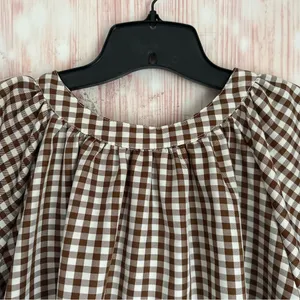 Unbranded Brown Gingham White Plaid Puff Sleeve Hi Lo Hem Button Front Top Sz S thumbnail 6