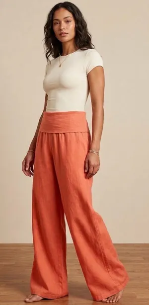 Love Tree Linen Blend Coral Fold Over Wide Leg Pants Medium thumbnail 1