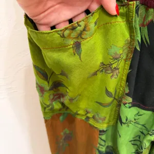 Dungarees L/XL Overalls Green Floral Patchwork Viscose Boho Hippie Stretch Artsy thumbnail 7