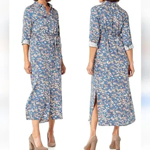 Haute Hippie‎ NWOT Long Sleeve Blue Floral Buttoned Midi Dress Size Small thumbnail 2