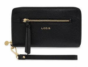 Lodis Ellie Single Zip Wristlet Black Pebbled Leather RFID Gold Hardware Wallet thumbnail 1