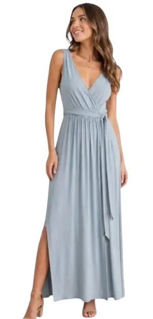 Lulus Dusty Mint V-neck Tie Waist Jersey Maxi Dress Size Small NWT thumbnail 1
