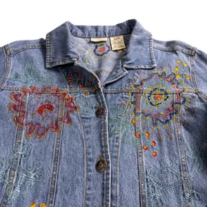 White Stag Denim Shirt Jacket Women Medium Stone Wash Floral Embroidered Boho thumbnail 3