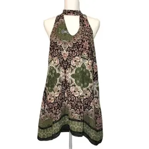 Olivaceous Olive Green Pink Batik Quatrefoil Print Shift Dress Choker Neck MED thumbnail 2