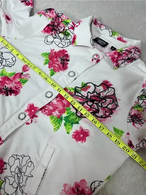 Floral sequin Button-Up Jacket White Pink & Green Flowers pockets L Stained thumbnail 4