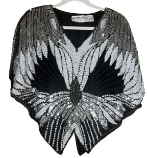 Scala Vintage 80s Black + Silver Flower Blouse Top Glam Sequin Beaded Silk thumbnail 1