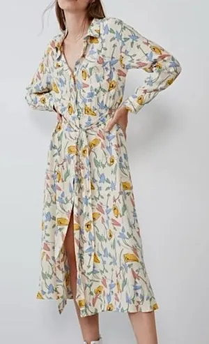 Zara Floral Button Up Collard Long Sleeve Midi Dress Size XS thumbnail 1