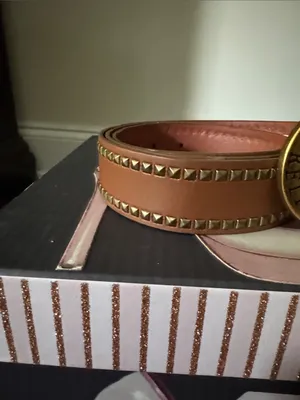 True Religion Tan Leather Studded Belt with Brass Logo Buckle thumbnail 3