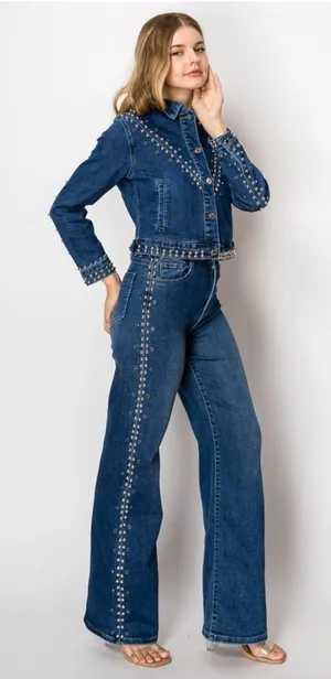 Studded Blue Denim Jacket and Jeans Set Size L thumbnail 1