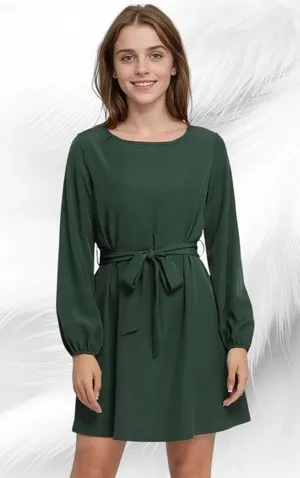 Women's Solid Round Neck Puff A-line Dress thumbnail 5