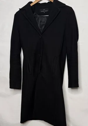 Juliana Celini black 55% wool long trench style coat jacket sz XS thumbnail 1