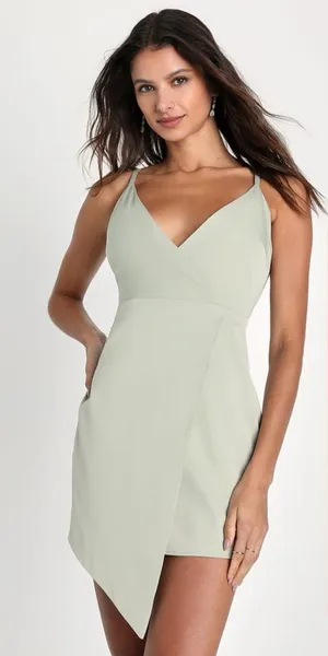NWT Lulus What a Stunner Sage‎ Green Satin Asymmetrical Mini Dress, Medium thumbnail 1