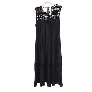 Maeve Anthropologie Black Crochet Tassel Metallic‎ Stripe Tiered Maxi Dress M thumbnail 4