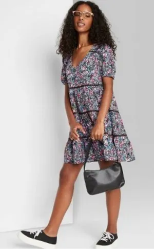 Wild Fable Floral Print Short Sleeve Tiered‎ Babydoll Flowy Mini Dress Siize XS thumbnail 1