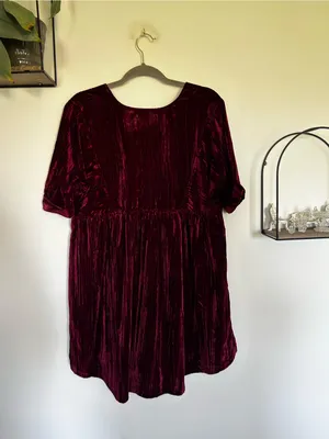 NWT‎ Natural Life Burgundy Crushed Velvet Short Sleeve Babydoll Mini Dress XS/S thumbnail 2