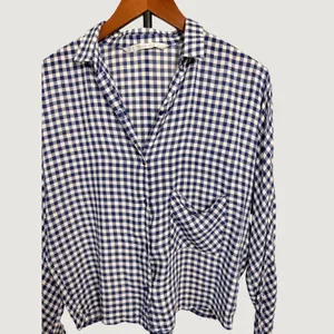 Zara Trafaluc Navy Blue Gingham Check Button Down Shirt Long Sleeve Medium thumbnail 4